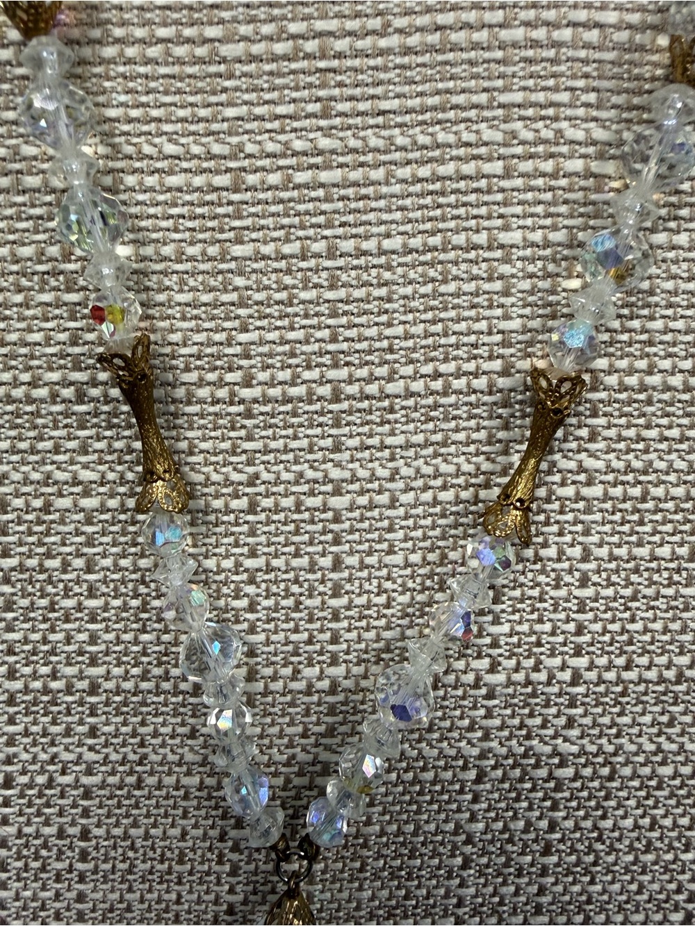Vintage Crystal Bead Tassel Necklace - AB Crystals and Gold - Picture 5 of 10